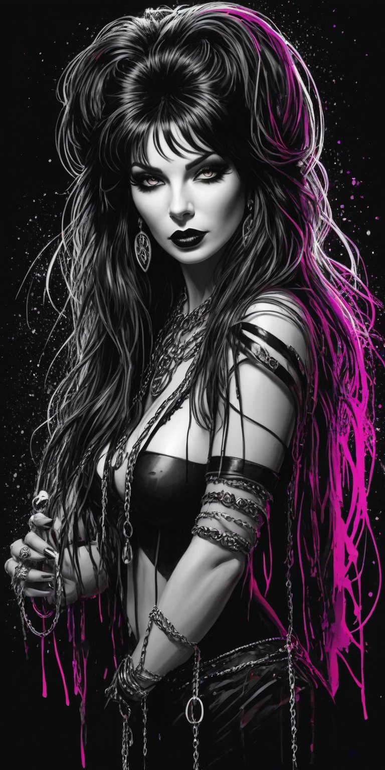 Black and white sketch, realistic, female, Elvira, Mistress of the dark, long flowing hair, chains, (((splashes neon color))), neon colors