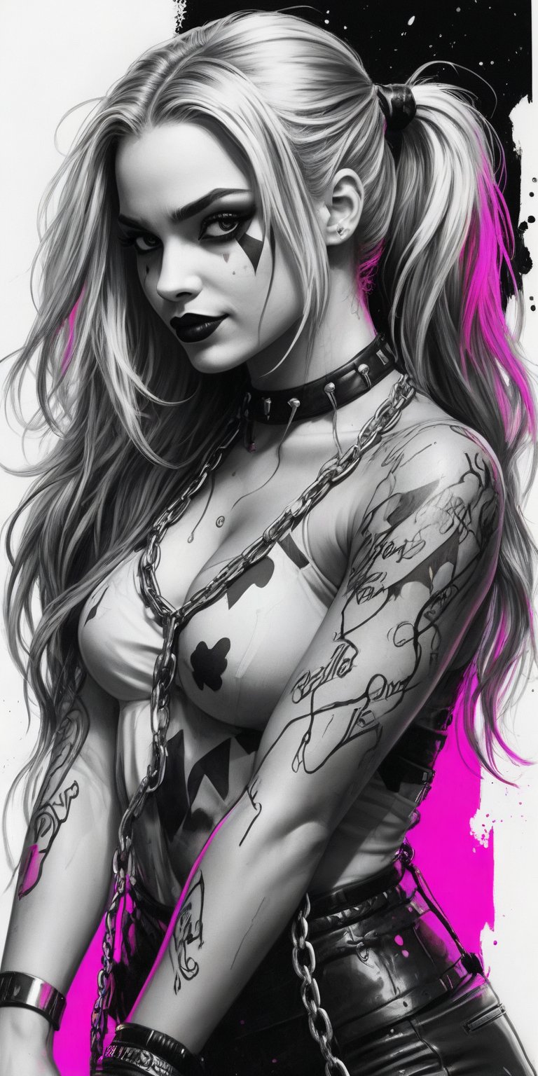 Black and white sketch, realistic, female, Harley Quinn, DC comics, long flowing hair, chains, splashes of neon colors, neon colors