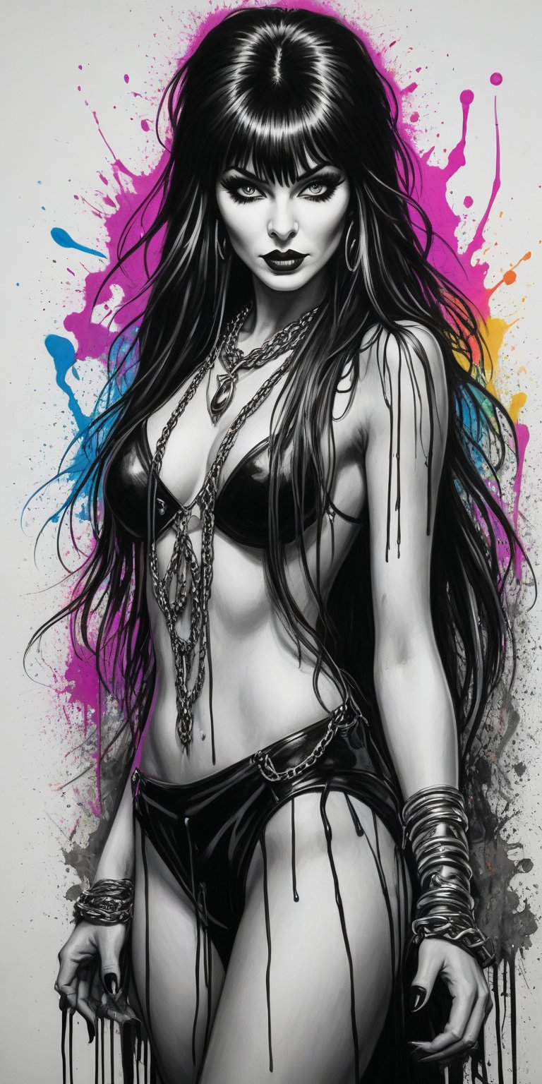 Black and white sketch, realistic, female, Elvira, Mistress of the dark, long flowing hair, chains, (((splashes of color))), neon colors