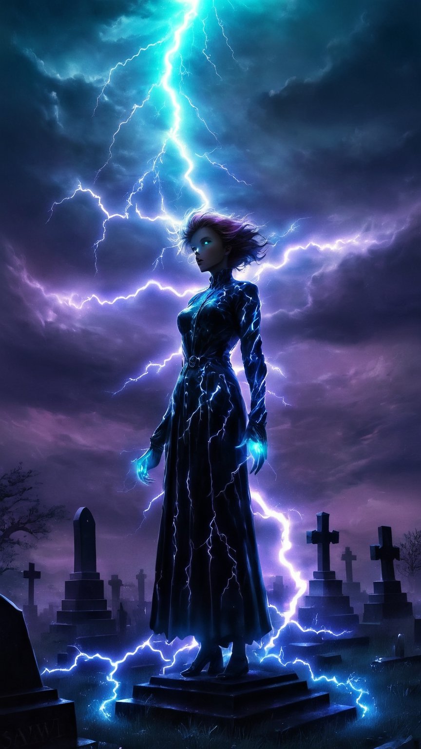 Dark clouds, neon lightning, graveyard silhouette, world, soul, darkness, black, fear,darkanime,vintage_p_style, 16k, realistic, high definition, HDR, neon colors, lightning flash