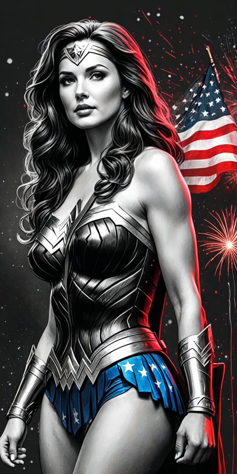 Black and white sketch, realistic, Linda Carter, Wonder Woman,  (((Fourth of July celebration))), (((splashes of  colors)))) neon colors 