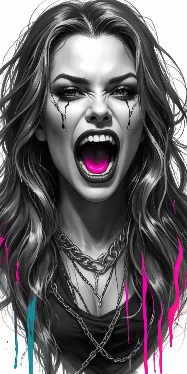 Black and white sketch, realistic, female, Vampire, open mouth fangs, long flowing hair, chains, splashes of neon colors, neon colors