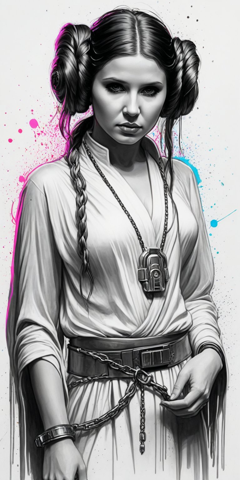 Black and white sketch, realistic, female, Princess Leia, Star Wars, long flowing hair, chains, splashes of neon colors