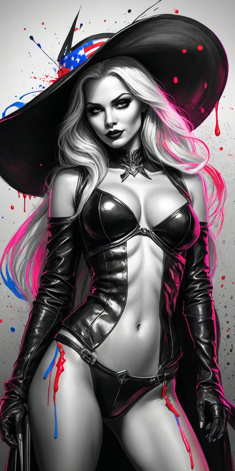 Black and white sketch, realistic, Lady Death, Fourth of July celebration, (((splashes of  colors)))) neon colors 