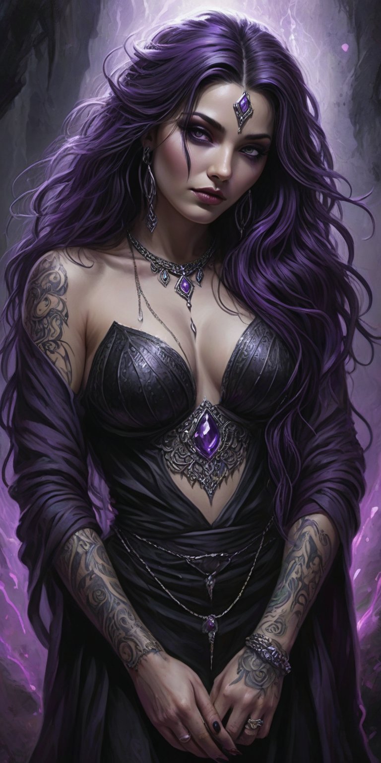 Black and white sketch, realistic, female,  A mystical sorceress emerges from the shadows, her long, flowing purple and black locks cascading down her back like a river of night. Her piercing purple eyes gaze directly into the viewer's soul, as she crawls on her belly, her pale skin glistening in the dim light. Purple smoke surrounds her, while intricate tattoos adorn her body like a canvas of dark magic. Jewelry glints on her fingers and ring, punctuating the drama of her pose. Her nails are painted black, a stark contrast to her radiant purple lipstick and glowing eyes that seem to pulse with an otherworldly energy.               chain (((splashes of  colors))))