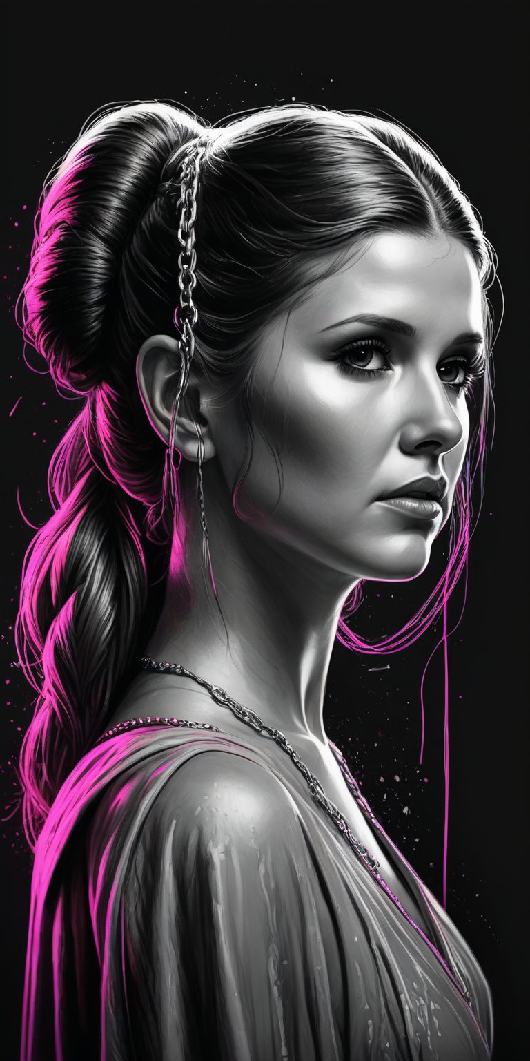 Black and white sketch, realistic, female, Princess Leia, Star Wars, long flowing hair, chains, splashes of neon colors, neon colors