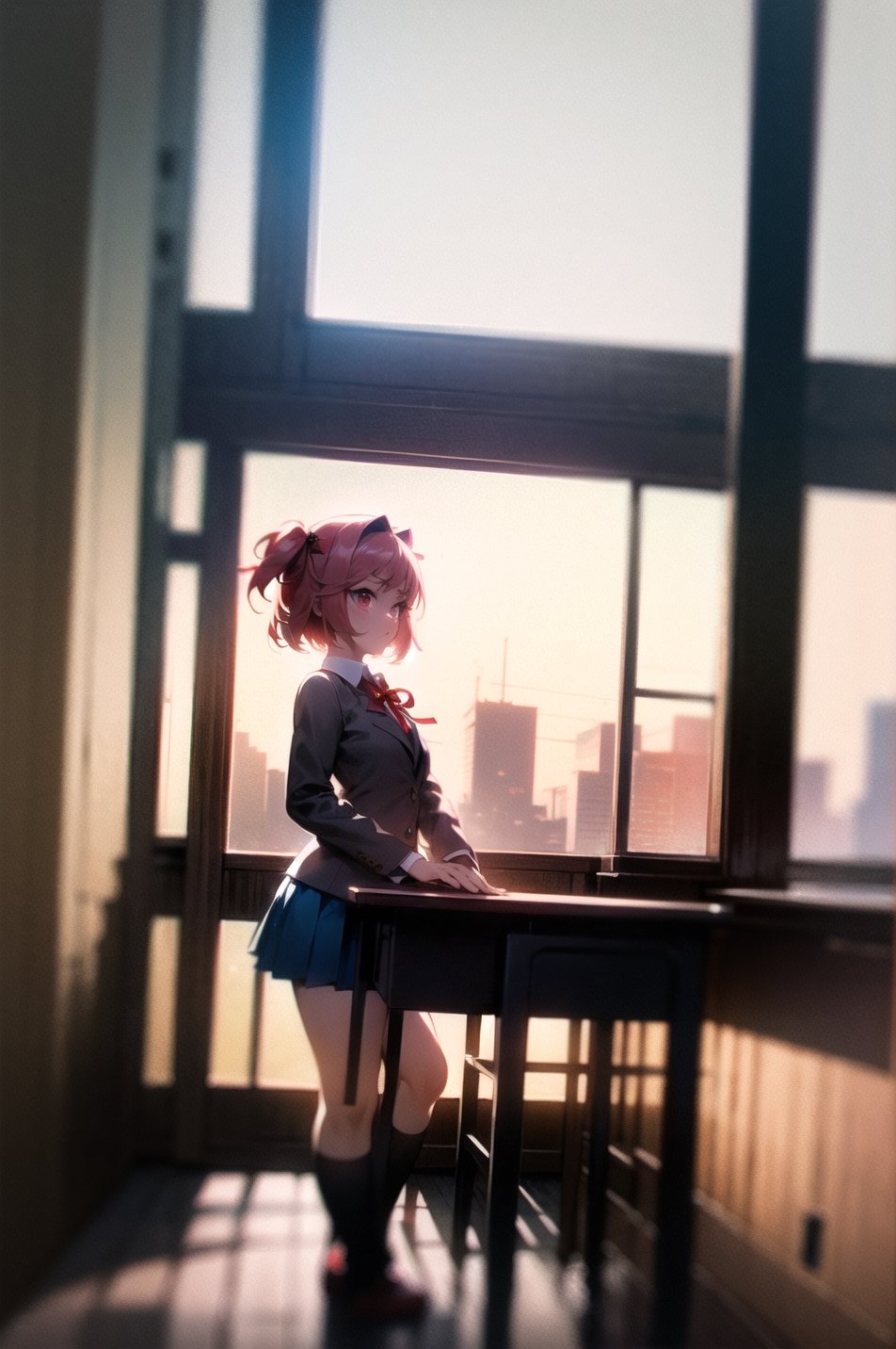 <Doki Doki Literature Club>: sole_female ((Natsuki)): short_height, thin | expressive pink eyes | distrustful, irritated, mocking
(short pink hair,two side red bows forming twin arches)
(school clothes: light gray jacket, bronze blazer with white collar, red ribbon on the collar,navy blue peaked skirt)
{school room:chairs,window, natural sunlight} 
vibrant_color,sharp focus,HDR,balanced exposure, high quality lenses,detailed and refined texture