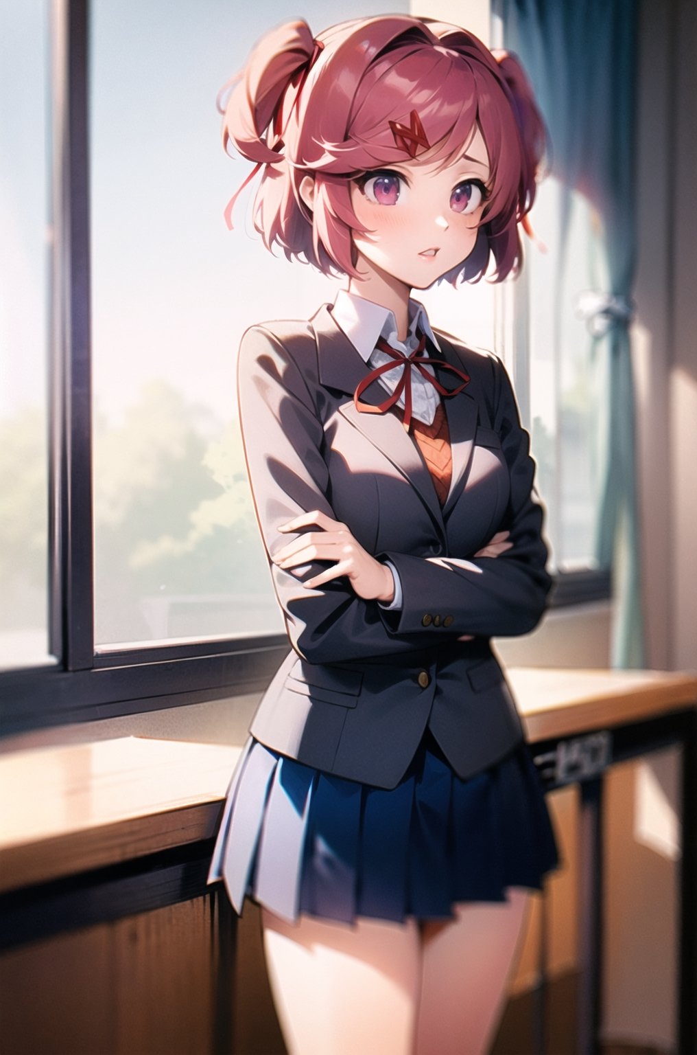 <Doki Doki Literature Club>: sole_female ((Natsuki)): short_height, thin (poorly nourished) | pink eyes | charming, fun and kind
(short pink hair,two side red bows forming twin arches)
(school clothes: light gray jacket, bronze blazer with white collar, red ribbon on the collar,navy blue peaked skirt)
{school room:chairs,window, natural sunlight} 
vibrant_color,sharp focus,HDR,balanced exposure, high quality lenses,detailed and refined texture