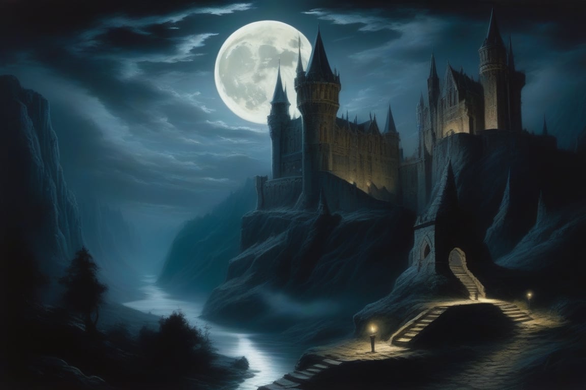 Gothic painting of an ancient castle at night, with a full moon, gargoyles, and shadows