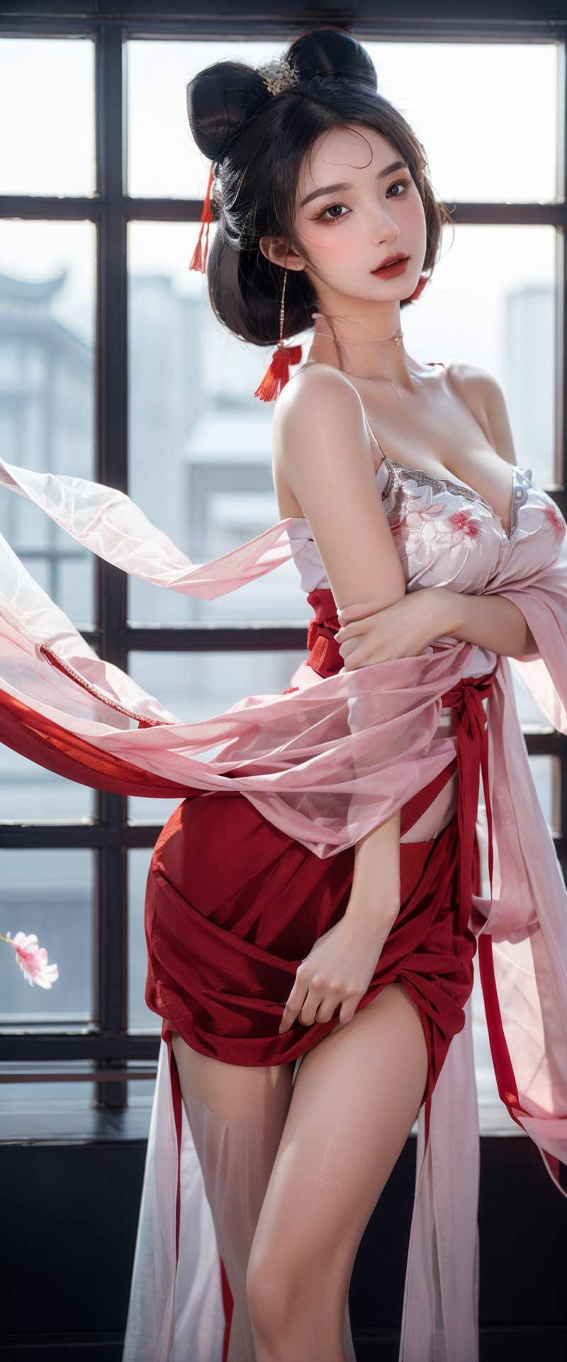 18-year-old chinese beauty, solo, cool, delicate girl, long hair, beautiful big eyes, hourglass figure, natural big breasts (natural breast enlargement, beautiful breasts, emphasis on breast enlargement), exposed cleavage, slim waist, beautiful legs and hot body, charming figure, Exquisite facial features, wearing a red transparent sleeveless scarf, short skirt, barefoot, (fighting with a sword:1.3), ((model pose)), ((thigh gap)), eye-catching pose, martial arts style, Chinese martial arts, snowflakes in the background, petals in Flying in the air.(1girl: 1.4), (original picture, best quality), (real, Photo Real: 1.1), Best Quality, Masterpiece, Beauty & Aesthetics, 16K, (HDR: 1.2), High Contrast, (Vivid Colors: 1.3), (Soft Colors, Dull Colors, Soothing Tone: 0) , Cinema Lighting, Ambient Light, Side Light, Fine Details and Textures, Cinematic Lens, Warm Colors, (Bright and Intense: 1.1), Wide Angle Lens, Surrealist Illustration, Siena's Natural Proportions, Silver Hair, Dynamic Posture, precise body and hand anatomy, four fingers and a thumb,hands, dynamic pose,daji