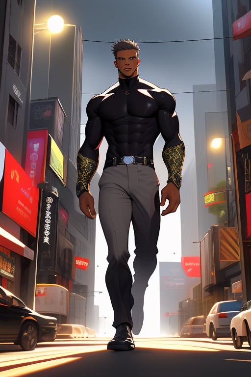 Lots of detail, good lighting, dynamic lighting, perfectionism, vibrant colours. Adult, male model, black clothes, brown skin, hero pose, telekinetic magic, light grey big city environment.