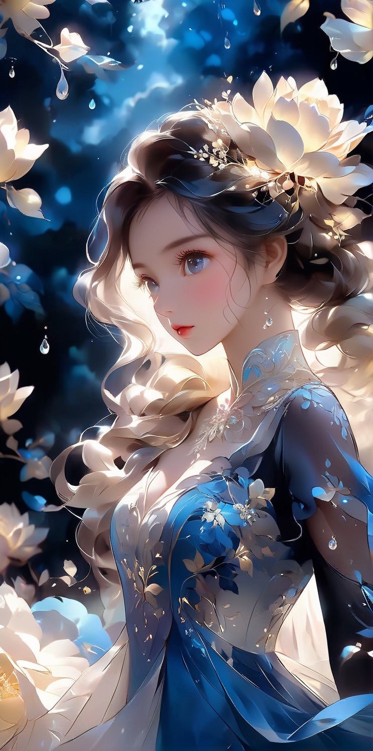 super fine illustration,masterpiece, best quality,{beautiful detailed eyes},1girl,finely detail,Depth of field, 4k wallpaper,bluesky,cumulus,wind,insanely detailed frills,extremely detailed lace,BLUE SKY,very long hair,Slightly open mouth,high ponytail,silver hair,small Breasts,cumulonimbus capillatus,slender waist,There are many scattered luminous petals,Hidden in the light yellow flowers,Depth of field,She bowed her head in frustration,Many flying drops of water,Upper body exposed,Many scattered leaves,branch ,angle ,contour deepening,cinematic angle ,{{{Classic decorative border}}}