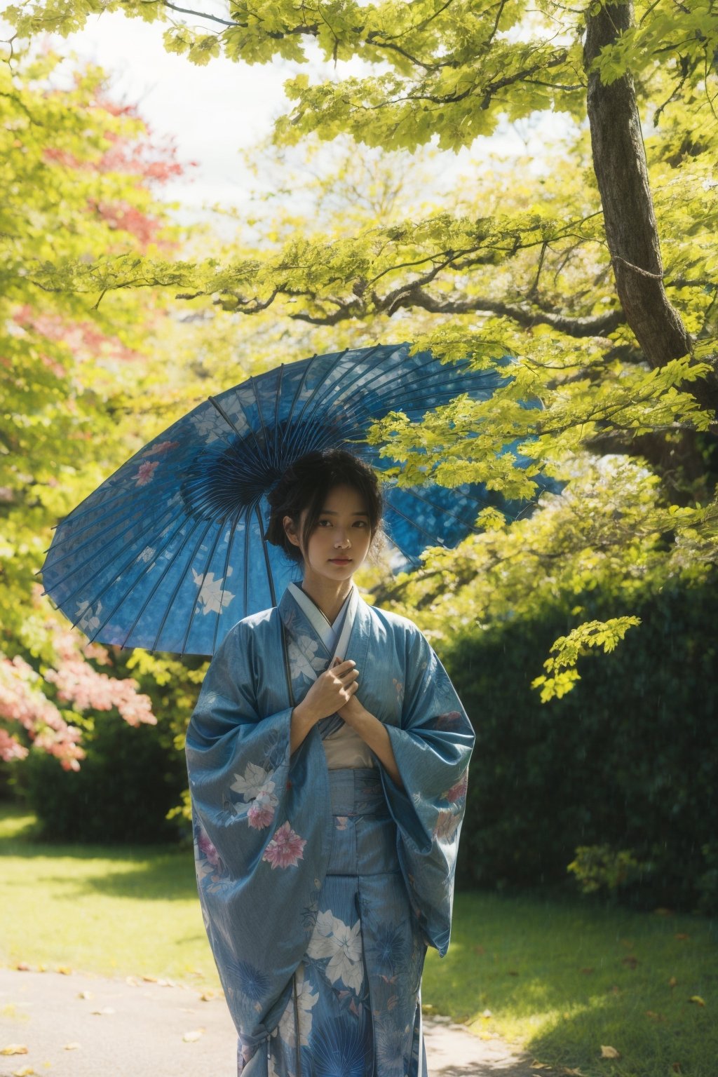 1girl, solo, looking at viewer, brown hair, holding, standing, outdoors, japanese clothes, kimono, tree, leaf, umbrella, holding umbrella, branch, blue kimono, oil-paper umbrella, autumn leaves 