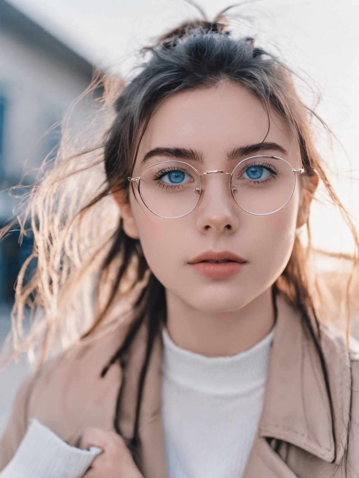 21 yo american instagram influencer, brunette, (wire rim glasses:1.4), [steel blue eyes], capture this image with a high resolution photograph using an 85mm lens for a flattering perspective
