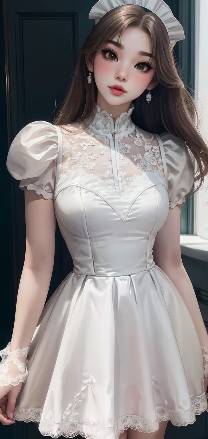 1girl,nsfw, lace porn dress, blush,iu,1 girl,jennie,jennie blackpink, see-through lace,big breasts,((((only wear white maid_dress)))), simple background,z1l4,n0t,milf
