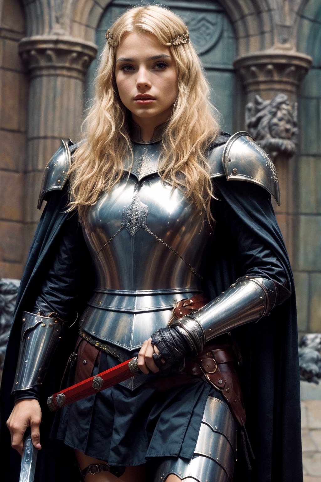 1girl, 24 years old, solo, looking at viewer, skirt, blonde hair, holding, standing, full body, weapon, long hair, belt, sword, cape, holding weapon, armor, fur trim, holding sword, sandals, helmet, shoulder armor, sheath, shield, breastplate, red cape, scabbard, holding shield, gladiator sandals,nodf_lora