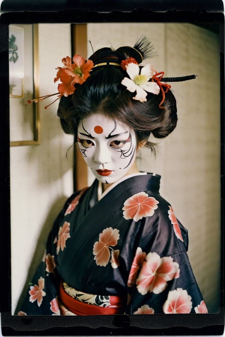 portrait of a japanese girl, polaroid,film, graininess, ANGRY, kimono, wearing hannya mask.