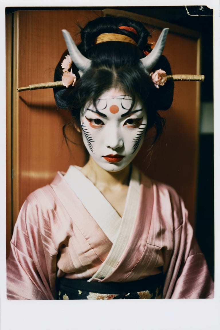 portrait of a japanese girl, polaroid,film, graininess, ANGRY, kimono, wearing hannya mask.