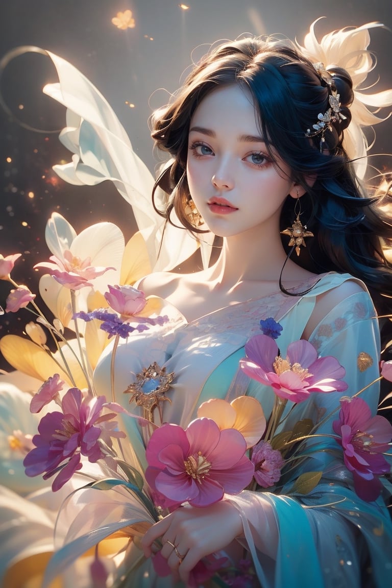 In a dreamy and ethereal setting, the woman is depicted floating in a cloud of mist and soft light. Her body is surrounded by delicate flowers that seem to bloom from her very essence, symbolizing the beauty and vitality of femininity. The colors used are pastel and muted, creating a serene and tranquil atmosphere. The composition is organic and flowing, with the woman’s body forming graceful curves that harmonize with the natural elements around her. The overall mood is one of enchantment and mystique, evoking a sense of wonder and reverence for the feminine form.,Transparent Glass Flowers