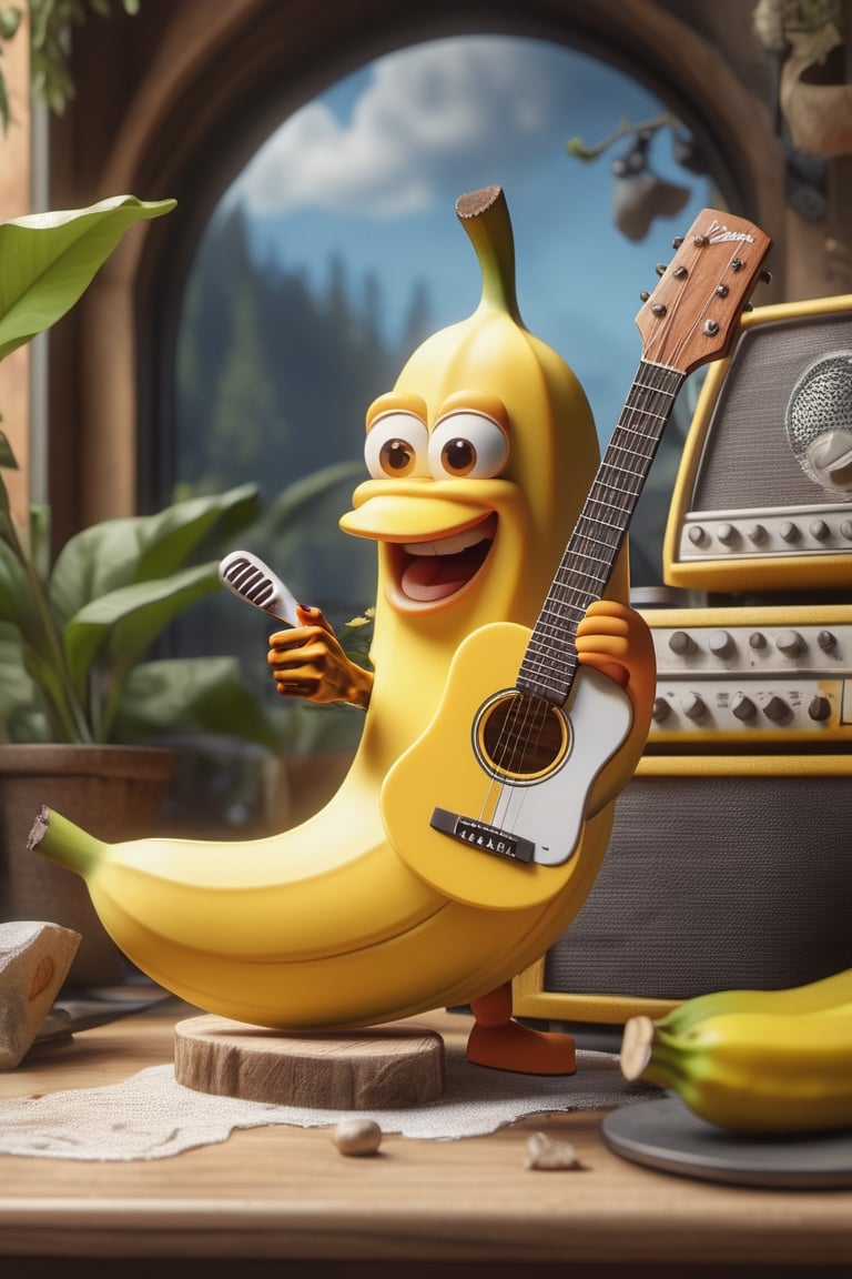 ((masterpiece: 1.2), (best quality, ultra detailed, photorealistic: 1.37), unreal engine, Ultra realistic photography, create an image of a banana with a face playing guitar Jacek Yerka style