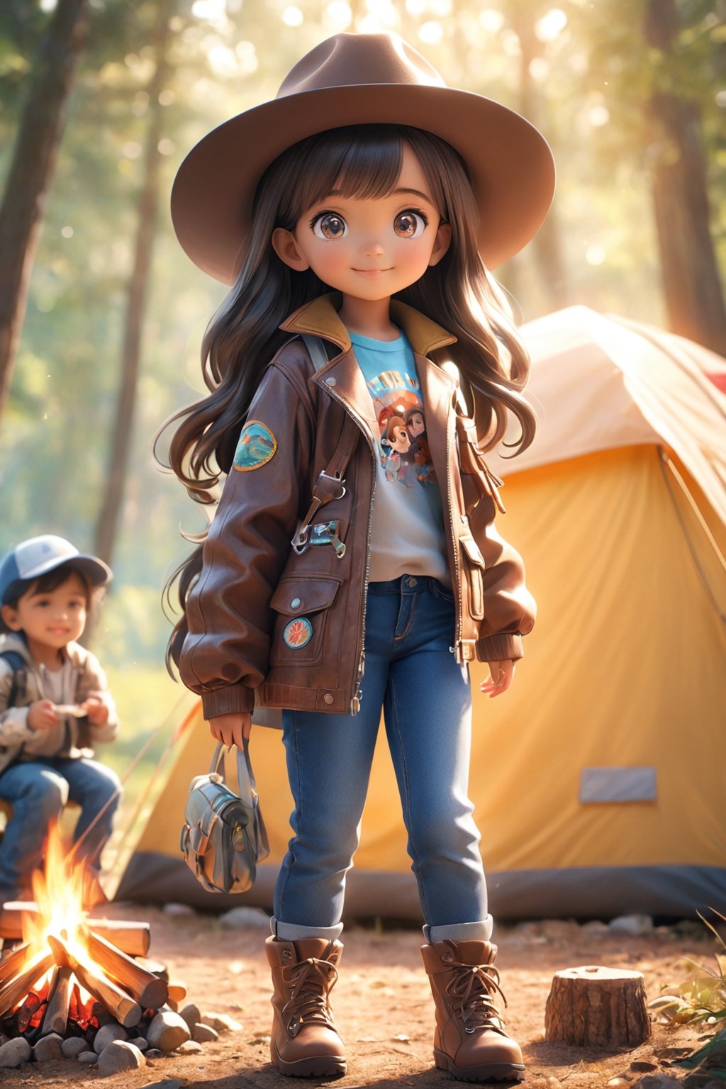 best quality, masterpiece, beautiful and aesthetic, vibrant color, Exquisite details and textures,  Warm tone, ultra realistic illustration,	(Pretty Latino girl, 6year old:1.5),	(Camping theme:1.4), Camping with a family,	cute eyes, big eyes,	(a gentle smile:1.4),	16K, (HDR:1.4), high contrast, bokeh:1.2, lens flare,	siena natural ratio, children's body, anime style, 	Full length view,	very long Straight dark brown hair with blunt bangs,	wearing a leather jacket, jeans, and a cowboy hat,	ultra hd, realistic, vivid colors, highly detailed, UHD drawing, perfect composition, beautiful detailed intricate insanely detailed octane render trending on artstation, 8k artistic photography, photorealistic concept art, soft natural volumetric cinematic perfect light. 