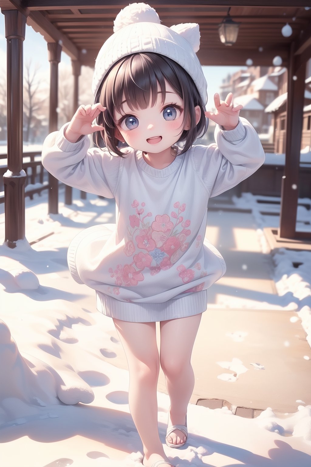 best quality, masterpiece, beautiful and aesthetic, vibrant color, Exquisite details and textures,  Warm tone, ultra realistic illustration,	(cute Arab girl, 7year old:1.5),	(snow theme:1.4),	cute eyes, big eyes,	(a beautiful smile:1.5),	16K, (HDR:1.4), high contrast, bokeh:1.2, lens flare,	siena natural ratio, children's body, anime style, 	(random view:1.4), (random poses:1.4), 	long Straight black hair with blunt bangs,	Oversized jacket, a Beanie,cute t-shirt, half ripped jeans,	ultra hd, realistic, vivid colors, highly detailed, UHD drawing, perfect composition, beautiful detailed intricate insanely detailed octane render trending on artstation, 8k artistic photography, photorealistic concept art, soft natural volumetric cinematic perfect light. 