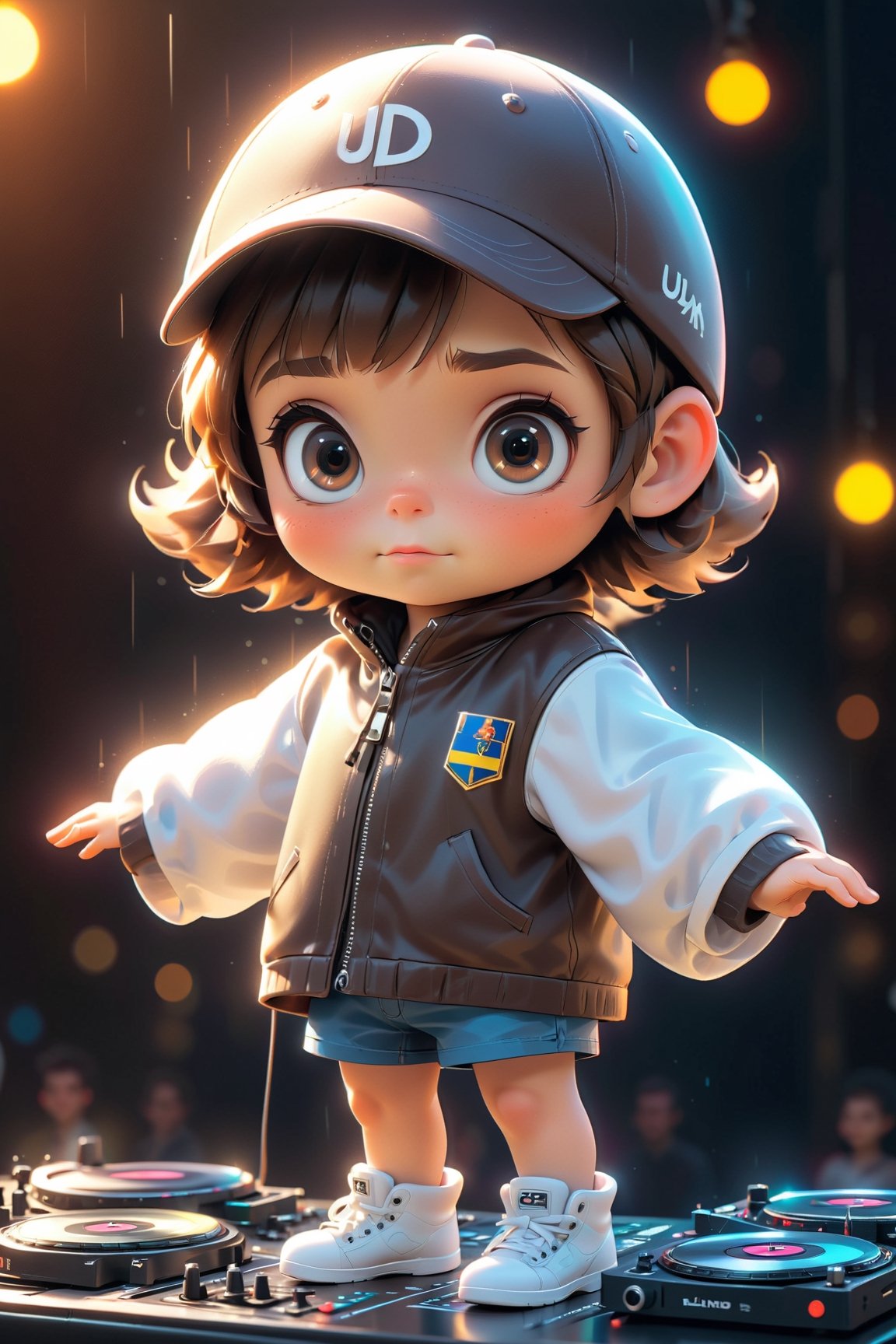 best quality, masterpiece, beautiful and aesthetic, vibrant color, Exquisite details and textures,  Warm tone, ultra realistic illustration,	(cute European Boy, 5year old:1.5), (DJing theme:1.4), cheering spectators,	cute eyes, big eyes,	(a model look:1.4),	16K, (HDR:1.4), high contrast, bokeh:1.2, lens flare,	siena natural ratio, children's body, anime style, 	half body view,	Dark Chocolate Short bob cut with blunt bangs,	wearing a shorts, turtleneck, a fashionable baseball cap,	ultra hd, realistic, vivid colors, highly detailed, UHD drawing, perfect composition, beautiful detailed intricate insanely detailed octane render trending on artstation, 8k artistic photography, photorealistic concept art, soft natural volumetric cinematic perfect light. 