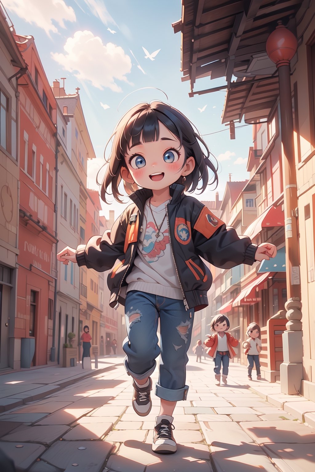 best quality, masterpiece, beautiful and aesthetic, vibrant color, Exquisite details and textures,  Warm tone, ultra realistic illustration,	(cute European girl, 8year old:1.5),	(skydiving theme:1.2),	cute eyes, big eyes,	(a beautiful smile:1.1),	16K, (HDR:1.4), high contrast, bokeh:1.2, lens flare,	siena natural ratio, children's body, anime style, 	Full length view,	long Straight black hair with blunt bangs,	plastic jacket, jeans, 	ultra hd, realistic, vivid colors, highly detailed, UHD drawing, perfect composition, beautiful detailed intricate insanely detailed octane render trending on artstation, 8k artistic photography, photorealistic concept art, soft natural volumetric cinematic perfect light. 