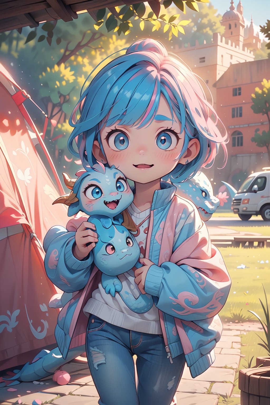 best quality, masterpiece, beautiful and aesthetic, vibrant color, Exquisite details and textures,  Warm tone, ultra realistic illustration,	(cute European Boy, 7year old:1.5),	(Camping theme:1.4), camping with my dog,	(holding a cute dragon doll:1.4),	cute eyes, big eyes,	(a curious look:1.4),	cinematic lighting, ambient lighting, sidelighting, cinematic shot,	siena natural ratio, children's body, anime style, 	head to thigh portrait,	short Wave hair, (pink|blue hair:1.5), 	plastic jacket, jeans, 	ultra hd, realistic, vivid colors, highly detailed, UHD drawing, perfect composition, beautiful detailed intricate insanely detailed octane render trending on artstation, 8k artistic photography, photorealistic concept art, soft natural volumetric cinematic perfect light. 