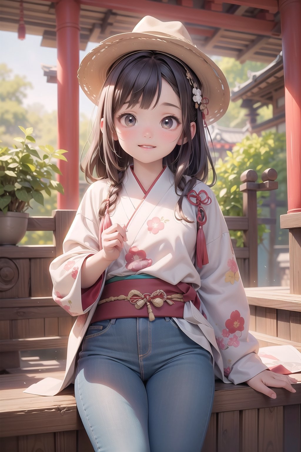 best quality, masterpiece, beautiful and aesthetic, vibrant color, Exquisite details and textures,  Warm tone, ultra realistic illustration,	(cute European girl, 9year old:1.5),	(a Japanese-style hot spring theme:1.4), cute eyes, big eyes,	(a chic look:1.1),	16K, (HDR:1.4), high contrast, bokeh:1.2, lens flare,	siena natural ratio, children's body, anime style, 	head to toe,	Straight brown hair with blunt bangs,	wearing a leather jacket, jeans, and a cowboy hat,	ultra hd, realistic, vivid colors, highly detailed, UHD drawing, perfect composition, beautiful detailed intricate insanely detailed octane render trending on artstation, 8k artistic photography, photorealistic concept art, soft natural volumetric cinematic perfect light. 