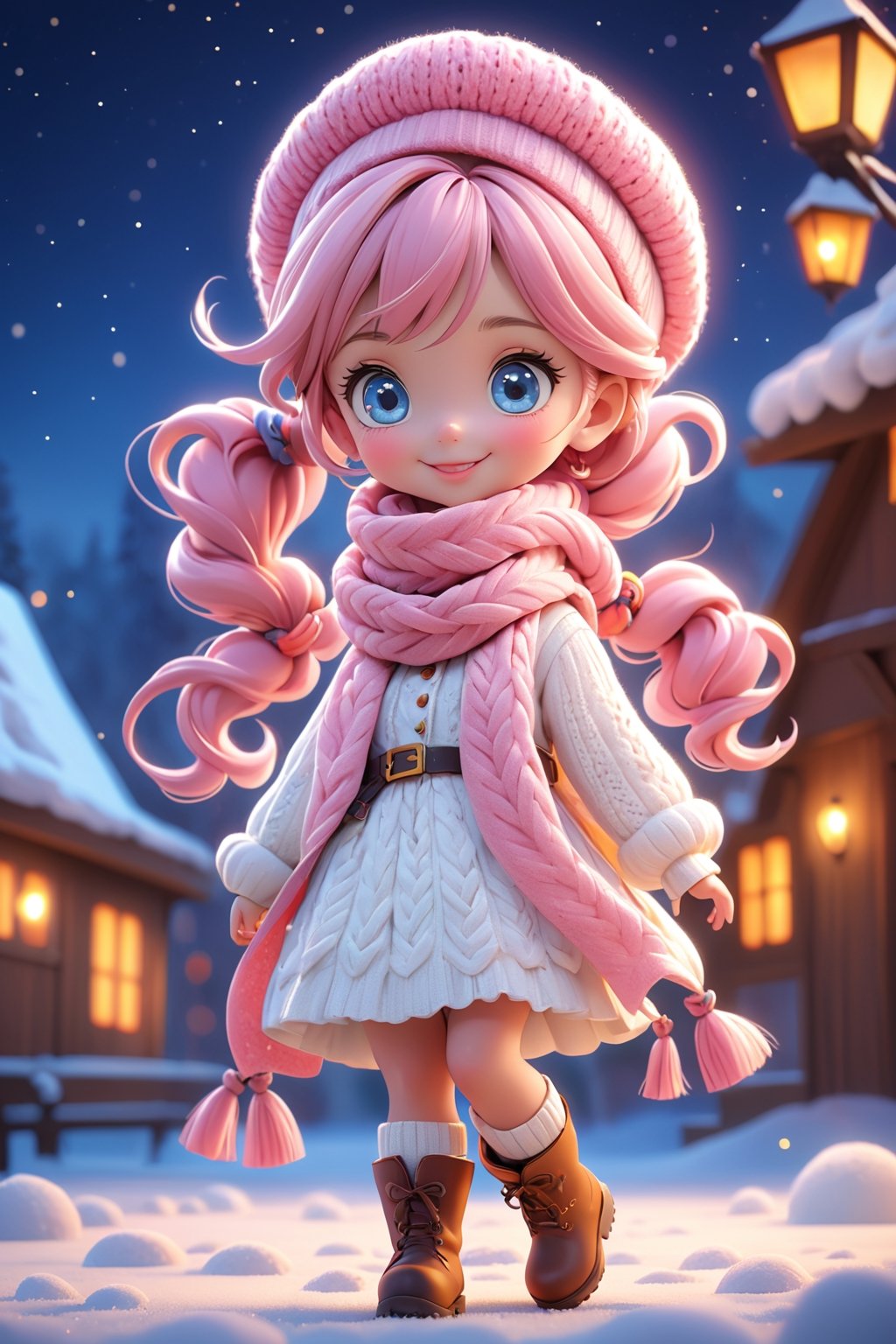 best quality, masterpiece, beautiful and aesthetic, vibrant color, Exquisite details and textures,  Warm tone, ultra realistic illustration,	(cute Ukraine girl, 7year old:1.5), (Halloween theme:1.3),	(Starlight theme:1.4),	cute eyes, big eyes,	(a big smile:1.2),	cinematic lighting, ambient lighting, sidelighting, cinematic shot,	siena natural ratio, children's body, anime style, 	Full length view,	pink ponytail hairstyle,	a white knitted dress a scarf and a beret, winter boots, 	ultra hd, realistic, vivid colors, highly detailed, UHD drawing, perfect composition, beautiful detailed intricate insanely detailed octane render trending on artstation, 8k artistic photography, photorealistic concept art, soft natural volumetric cinematic perfect light. 