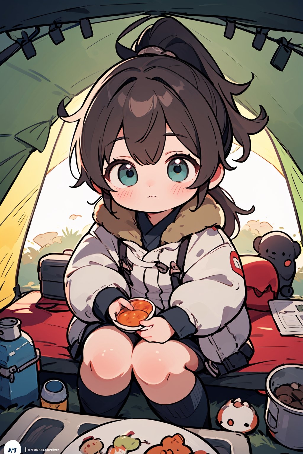 best quality, masterpiece, beautiful and aesthetic, vibrant color, Exquisite details and textures,  Warm tone, ultra realistic illustration,	(cute asian girl, 8year old:1.5),	(Camping theme:1.4), Camping with a family,	cute eyes, big eyes,	(a curious look:1.2),	cinematic lighting, ambient lighting, sidelighting, cinematic shot,	siena natural ratio, children's body, anime style, 	a picture from a high angle, a view from above,	Light Brown ponytail hairstyle,	a white wool coat,	ultra hd, realistic, vivid colors, highly detailed, UHD drawing, perfect composition, beautiful detailed intricate insanely detailed octane render trending on artstation, 8k artistic photography, photorealistic concept art, soft natural volumetric cinematic perfect light.