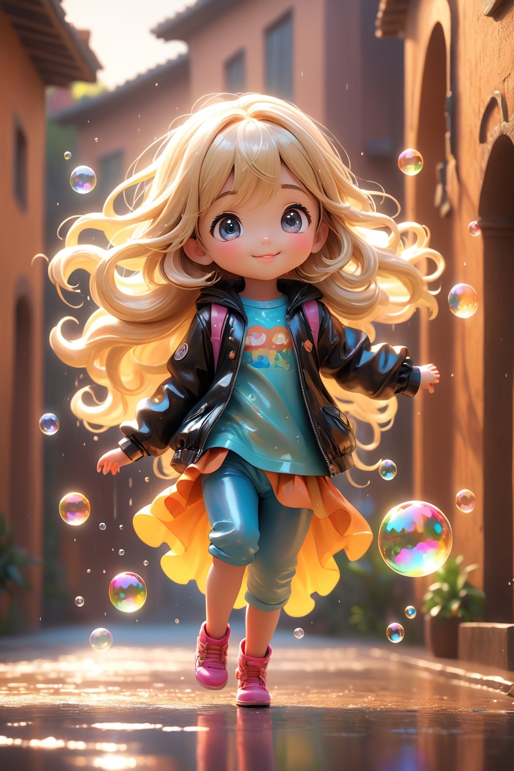 best quality, masterpiece, beautiful and aesthetic, vibrant color, Exquisite details and textures,  Warm tone, ultra realistic illustration,	(cute India girl, 6year old:1.5),	(rainy theme:1.3), beautifully sparkling soap bubbles, little rainbows,	cute eyes, big eyes,	(a gentle smile:1.4),	cinematic lighting, ambient lighting, sidelighting, cinematic shot,	siena natural ratio, children's body, anime style, 	Full length view,	shiny long blond hair, 	latex pants, cute t-shirt, and black jacket,	ultra hd, realistic, vivid colors, highly detailed, UHD drawing, perfect composition, beautiful detailed intricate insanely detailed octane render trending on artstation, 8k artistic photography, photorealistic concept art, soft natural volumetric cinematic perfect light. 