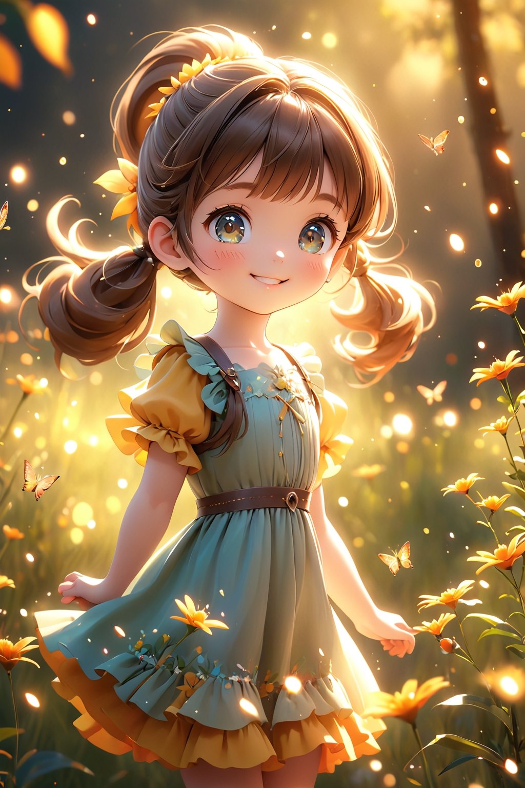 best quality, masterpiece, beautiful and aesthetic, vibrant color, Exquisite details and textures,  Warm tone, ultra realistic illustration,	(cute European girl, 5year old:1.5),	(fantasy theme:1.3), Fireflies flying beautifully, little rainbows,	cute eyes, big eyes,	(a beautiful smile:1.5),	16K, (HDR:1.4), high contrast, bokeh:1.2, lens flare,	siena natural ratio, children's body, anime style, 	(random view:1.4), (random poses:1.4), 	dark brown ponytail hairstyle with blunt bangs, 	gossamer floral mango-colored dress,	ultra hd, realistic, vivid colors, highly detailed, UHD drawing, perfect composition, beautiful detailed intricate insanely detailed octane render trending on artstation, 8k artistic photography, photorealistic concept art, soft natural volumetric cinematic perfect light. 