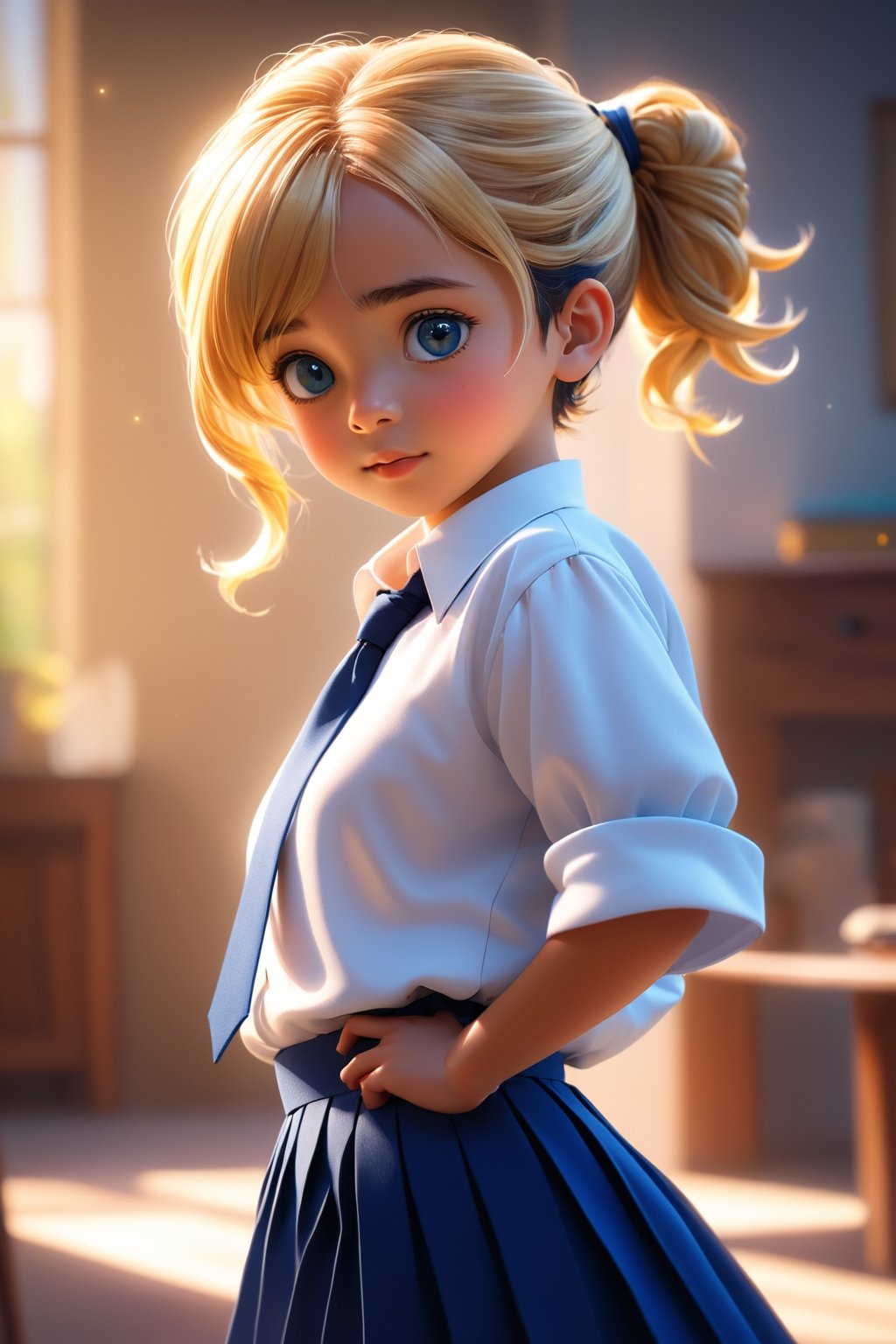 best quality, masterpiece, beautiful and aesthetic, vibrant color, Exquisite details and textures,  Warm tone, ultra realistic illustration,	(cute Latino Boy, 7year old:1.5),	(Starlight theme:1.4),	cute eyes, big eyes,	(a curious look:1.4),	16K, (HDR:1.4), high contrast, bokeh:1.2, lens flare,	siena natural ratio, children's body, anime style, 	(random view:1.4), (random poses:1.4), 	blonde bun hair,	a crisp white blouse, dark blue tie and a pleated skirt,	ultra hd, realistic, vivid colors, highly detailed, UHD drawing, perfect composition, beautiful detailed intricate insanely detailed octane render trending on artstation, 8k artistic photography, photorealistic concept art, soft natural volumetric cinematic perfect light. 