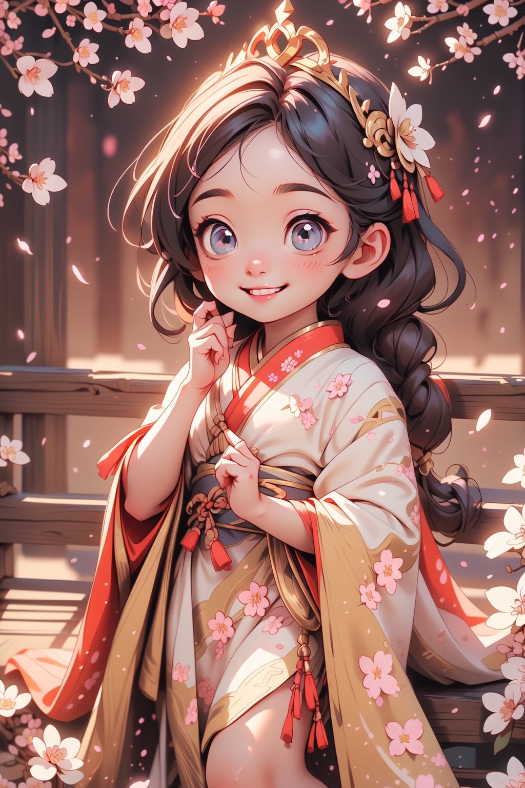 best quality, masterpiece, beautiful and aesthetic, vibrant color, Exquisite details and textures,  Warm tone, ultra realistic illustration,	(cute asian girl, 12year old:1.5),	(Cherry blossom theme:1.4),	cute eyes, big eyes,	(a beautiful smile:1.5),	cinematic lighting, ambient lighting, sidelighting, cinematic shot,	siena natural ratio, children's body, anime style, 	head to thigh portrait,	very long curly black hair,	a white princess dress with gold decorations, tiara, 	ultra hd, realistic, vivid colors, highly detailed, UHD drawing, perfect composition, beautiful detailed intricate insanely detailed octane render trending on artstation, 8k artistic photography, photorealistic concept art, soft natural volumetric cinematic perfect light.