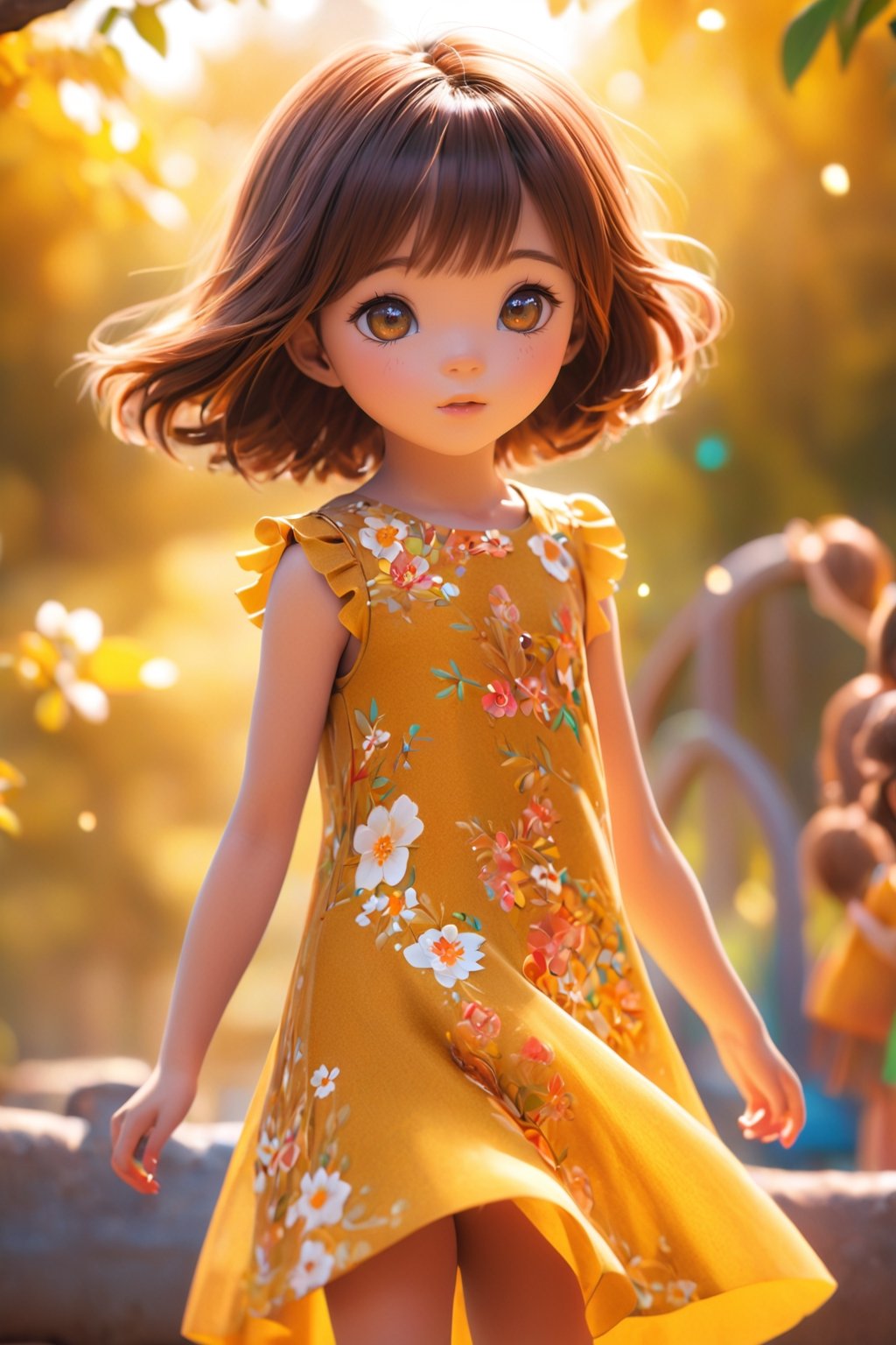 best quality, masterpiece, beautiful and aesthetic, vibrant color, Exquisite details and textures,  Warm tone, ultra realistic illustration,	(Pretty asian girl, 6year old:1.5),	(playground theme:1.4),	cute eyes, big eyes,	(a sullen look:1.2),	16K, (HDR:1.4), high contrast, bokeh:1.2, lens flare,	siena natural ratio, children's body, anime style, 	low angle view,	medium length layered bob cut with blunt bangs,	gossamer floral mango-colored dress,	ultra hd, realistic, vivid colors, highly detailed, UHD drawing, perfect composition, beautiful detailed intricate insanely detailed octane render trending on artstation, 8k artistic photography, photorealistic concept art, soft natural volumetric cinematic perfect light. 