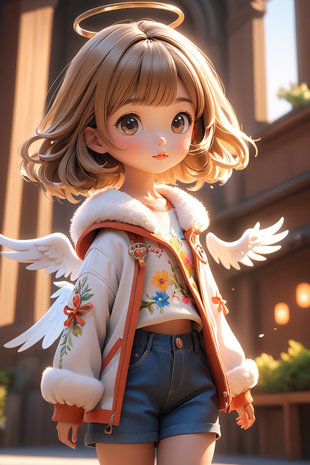 best quality, masterpiece, beautiful and aesthetic, vibrant color, Exquisite details and textures,  Warm tone, ultra realistic illustration,	(cute asian girl, 5year old:1.5),	(angel theme:1.4),	cute eyes, big eyes,	(a model look:1.4),	cinematic lighting, ambient lighting, sidelighting, cinematic shot,	siena natural ratio, children's body, anime style, 	Waist-up Side-view,	Dark blonde long bob cut with blunt bangs,	fur trimmed jacket, crop top, denim shorts, 	ultra hd, realistic, vivid colors, highly detailed, UHD drawing, perfect composition, beautiful detailed intricate insanely detailed octane render trending on artstation, 8k artistic photography, photorealistic concept art, soft natural volumetric cinematic perfect light. 