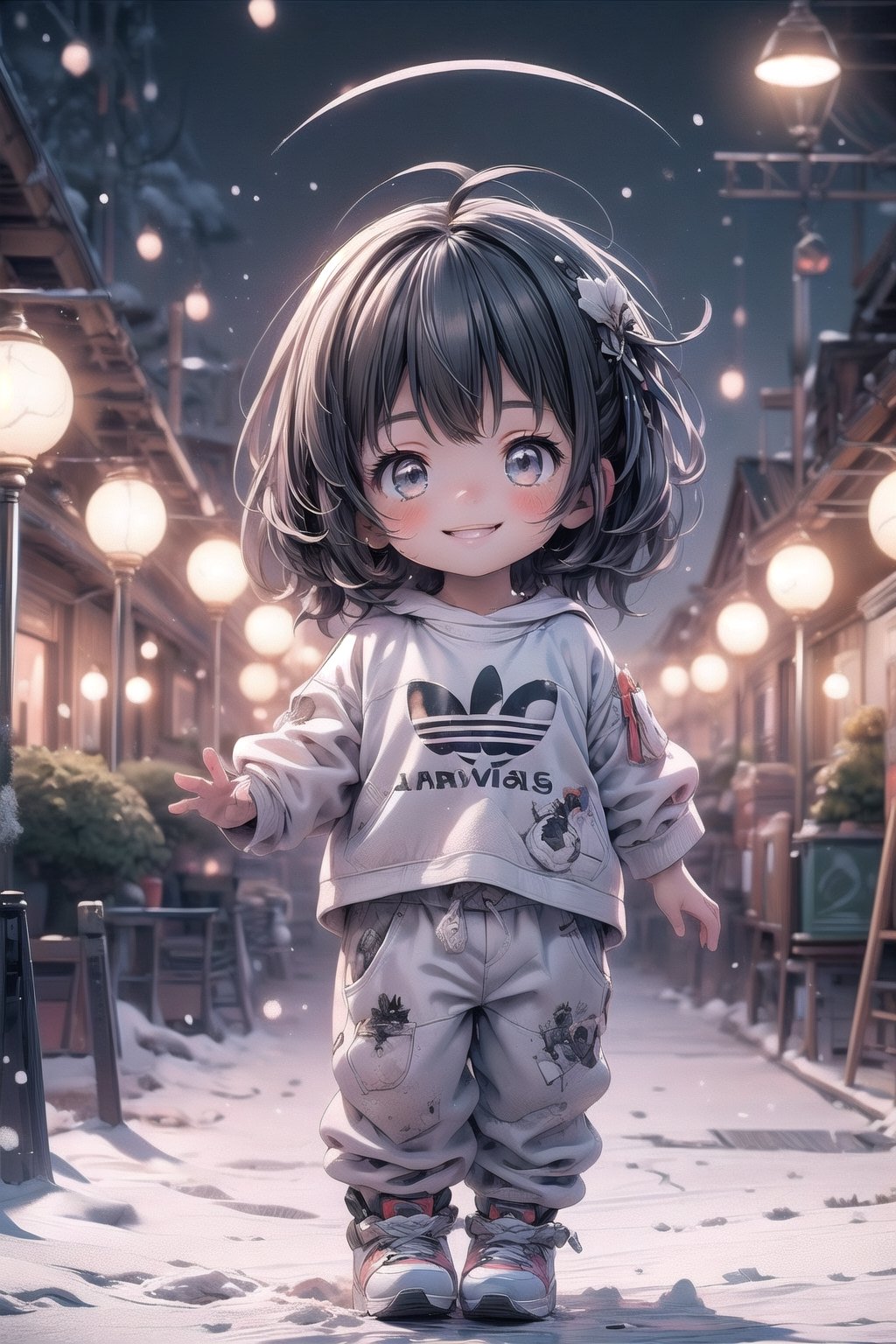 best quality, masterpiece, beautiful and aesthetic, vibrant color, Exquisite details and textures,  Warm tone, ultra realistic illustration,	(cute Latino baby girl, 4year old:1.5),	(snow theme:1.4),	cute eyes, big eyes,	(a smile on one's face:1.5),	16K, (HDR:1.4), high contrast, bokeh:1.2, lens flare,	siena natural ratio, children's body, anime style, 	low angle view,	long Wave black hair,	wearing a white T-shirt, white Adidas sweatpants, 	ultra hd, realistic, vivid colors, highly detailed, UHD drawing, perfect composition, beautiful detailed intricate insanely detailed octane render trending on artstation, 8k artistic photography, photorealistic concept art, soft natural volumetric cinematic perfect light.