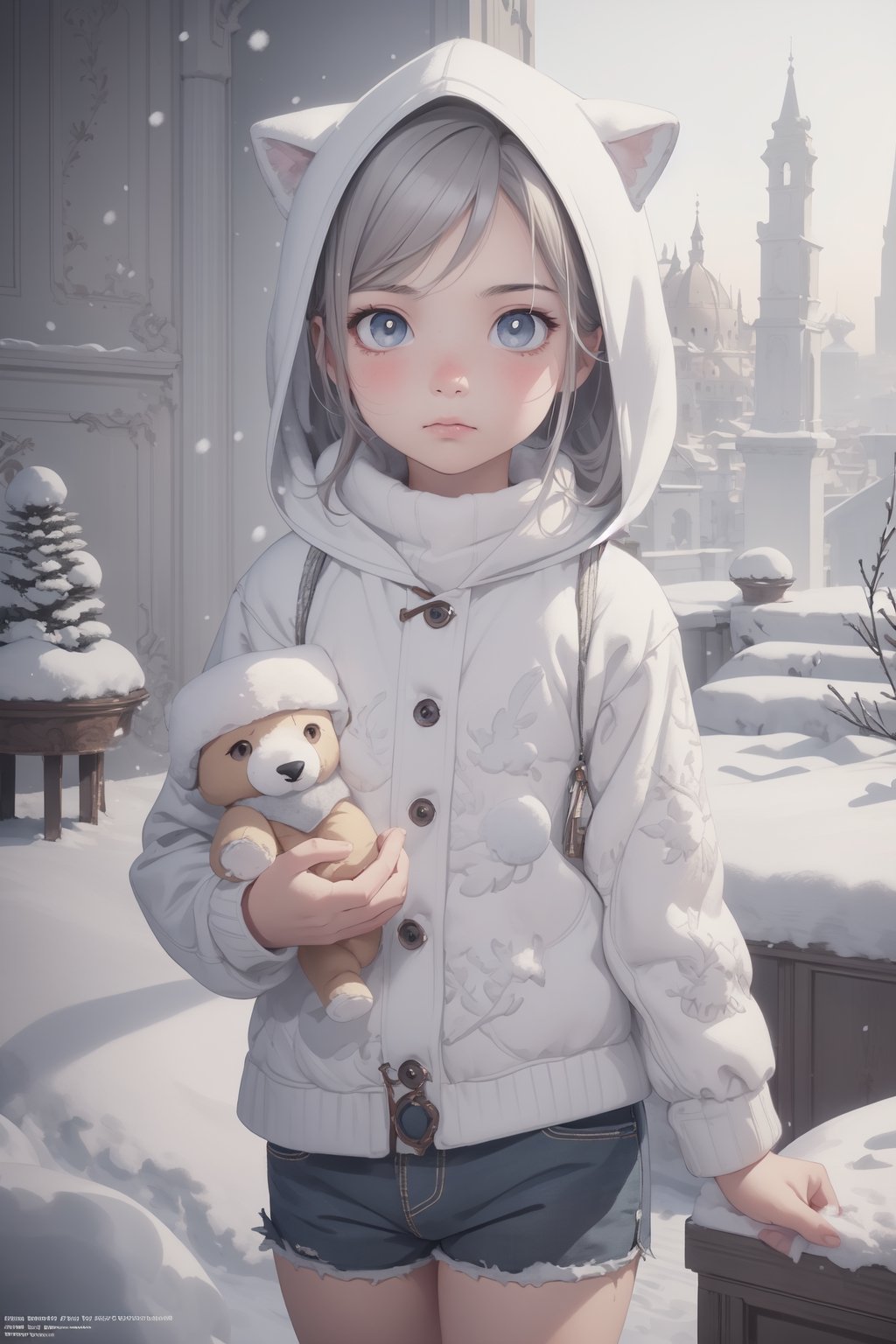 best quality, masterpiece, beautiful and aesthetic, vibrant color, Exquisite details and textures,  Warm tone, ultra realistic illustration,	(cute European Boy, 6year old:1.5),	(snow theme:1.4),	cute eyes, big eyes,	(a curious look:1.6),	cinematic lighting, ambient lighting, sidelighting, cinematic shot,	siena natural ratio, children's body, anime style, 	Full length view,	long Wave gray hair,	a Puppy hood, holding a pet doll, shorts, white turtleneck,	ultra hd, realistic, vivid colors, highly detailed, UHD drawing, perfect composition, beautiful detailed intricate insanely detailed octane render trending on artstation, 8k artistic photography, photorealistic concept art, soft natural volumetric cinematic perfect light. 
