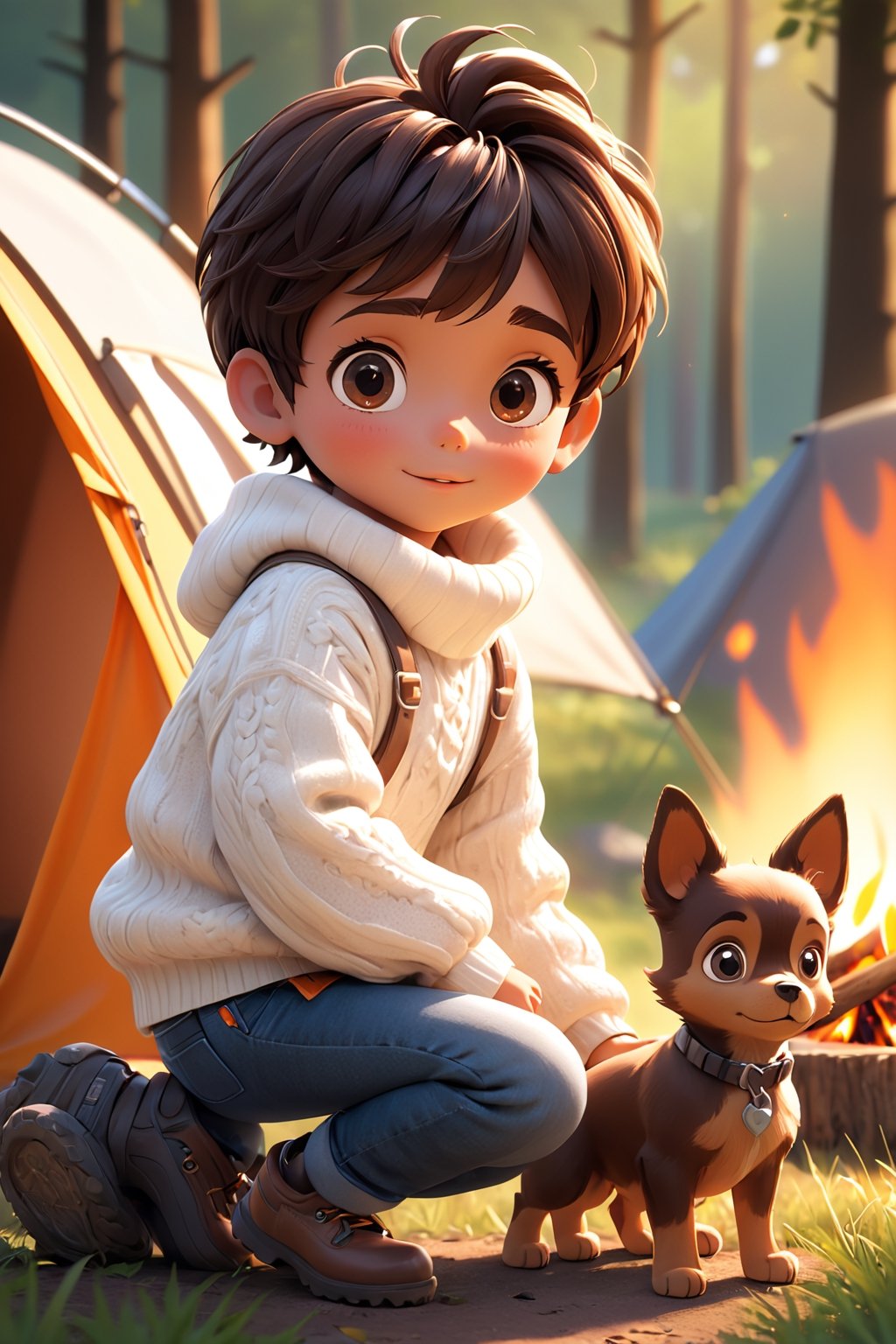 best quality, masterpiece, beautiful and aesthetic, vibrant color, Exquisite details and textures,  Warm tone, ultra realistic illustration,	(cute Latino Boy, 5year old:1.5),	(Camping theme:1.4), camping with my dog,	cute eyes, big eyes,	(a surprised look:1.3),	cinematic lighting, ambient lighting, sidelighting, cinematic shot,	siena natural ratio, children's body, anime style, 	head to toe,	dark brown bun hair,	wearing a white highneck long_sleeve knit sweater and jeans, 	ultra hd, realistic, vivid colors, highly detailed, UHD drawing, perfect composition, beautiful detailed intricate insanely detailed octane render trending on artstation, 8k artistic photography, photorealistic concept art, soft natural volumetric cinematic perfect light. 