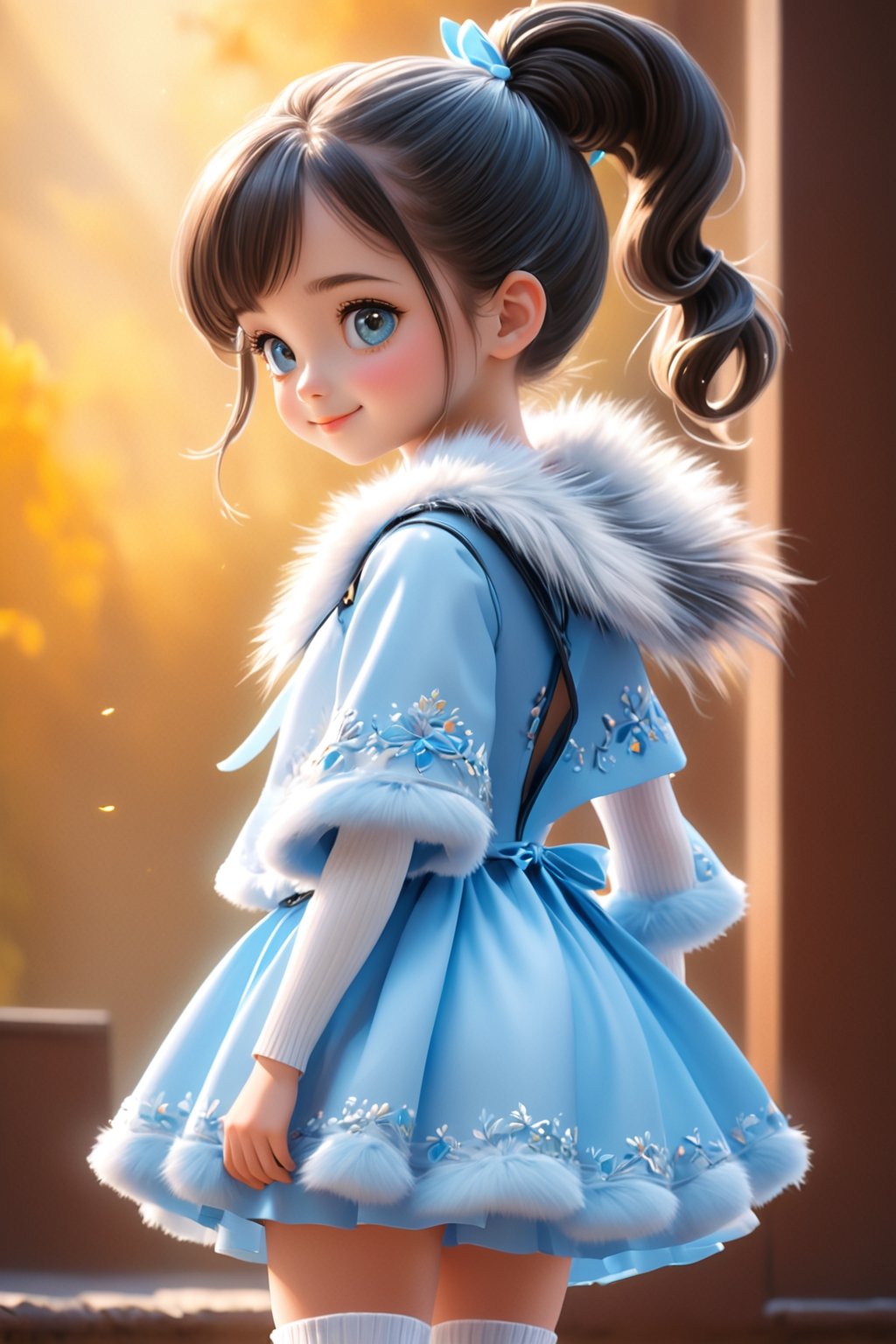 best quality, masterpiece, beautiful and aesthetic, vibrant color, Exquisite details and textures,  Warm tone, ultra realistic illustration,	(cute European girl, 7year old:1.5),	(school theme:1.4),	cute eyes, big eyes,	(a beautiful smile:1.1),	16K, (HDR:1.4), high contrast, bokeh:1.2, lens flare,	siena natural ratio, children's body, anime style, 	Waist-up Side-view,	black ponytail hairstyle,	wearing a skyblue pastel dress, fur trim capelet, white knee socks,	ultra hd, realistic, vivid colors, highly detailed, UHD drawing, perfect composition, beautiful detailed intricate insanely detailed octane render trending on artstation, 8k artistic photography, photorealistic concept art, soft natural volumetric cinematic perfect light. 