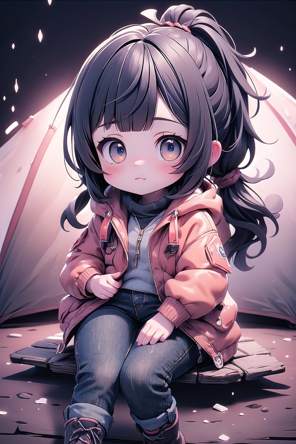 best quality, masterpiece, beautiful and aesthetic, vibrant color, Exquisite details and textures,  Warm tone, ultra realistic illustration,	(cute Russia girl, 6year old:1.5),	(Camping theme:1.4), camping with my dog,	cute eyes, big eyes,	(a model look:1.6),	cinematic lighting, ambient lighting, sidelighting, cinematic shot,	siena natural ratio, children's body, anime style, 	head to thigh portrait,	dark brown ponytail hairstyle with blunt bangs, 	plastic jacket, jeans, 	ultra hd, realistic, vivid colors, highly detailed, UHD drawing, perfect composition, beautiful detailed intricate insanely detailed octane render trending on artstation, 8k artistic photography, photorealistic concept art, soft natural volumetric cinematic perfect light. 