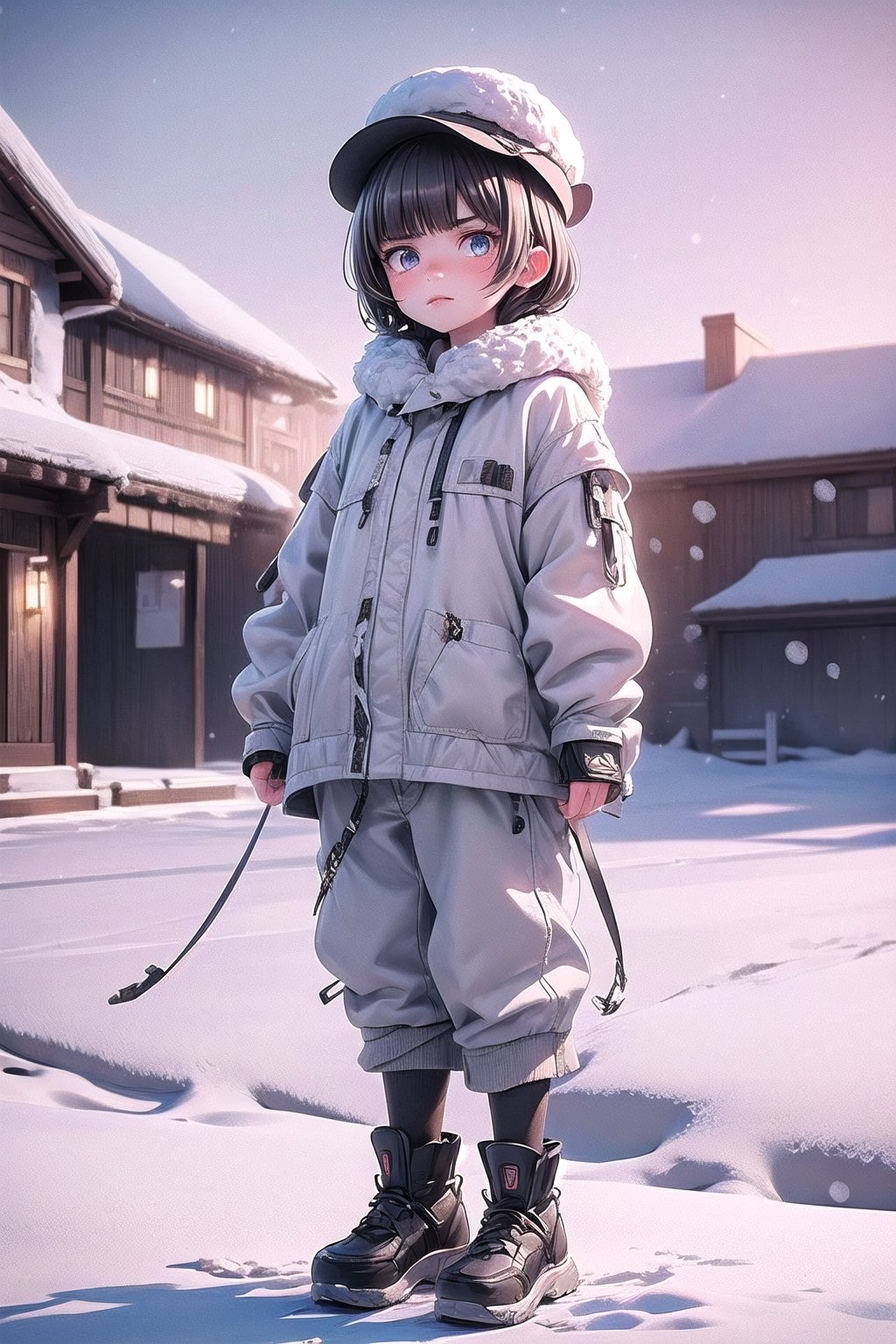 best quality, masterpiece, beautiful and aesthetic, vibrant color, Exquisite details and textures,  Warm tone, ultra realistic illustration,	(handsome European Boy, 10year old:1.5),	(snow theme:1.4),	cute eyes, big eyes,	(an angry look:1.1),	16K, (HDR:1.4), high contrast, bokeh:1.2, lens flare,	siena natural ratio, children's body, anime style, 	Full length view,	long Wave dark brown hair,	a wearing a beautiful white outfit and furry white hat,	ultra hd, realistic, vivid colors, highly detailed, UHD drawing, perfect composition, beautiful detailed intricate insanely detailed octane render trending on artstation, 8k artistic photography, photorealistic concept art, soft natural volumetric cinematic perfect light. 