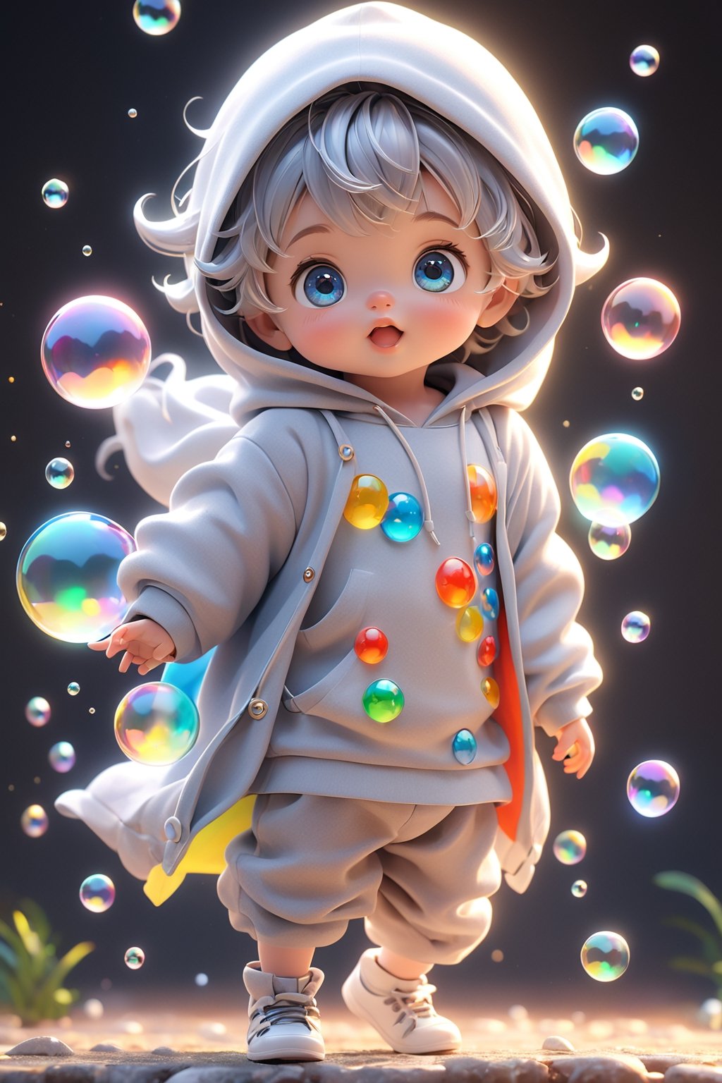best quality, masterpiece, beautiful and aesthetic, vibrant color, Exquisite details and textures,  Warm tone, ultra realistic illustration,	(cute European baby Boy, 4year old:1.5),	(fantasy theme:1.4), beautifully sparkling soap bubbles, little rainbows,	cute eyes, big eyes,	(a model look:1.4),	cinematic lighting, ambient lighting, sidelighting, cinematic shot,	siena natural ratio, children's body, anime style, 	(random view:1.4), (random poses:1.4), 	Wave gray hair,	wearing a hoodie, white pants,	ultra hd, realistic, vivid colors, highly detailed, UHD drawing, perfect composition, beautiful detailed intricate insanely detailed octane render trending on artstation, 8k artistic photography, photorealistic concept art, soft natural volumetric cinematic perfect light. 