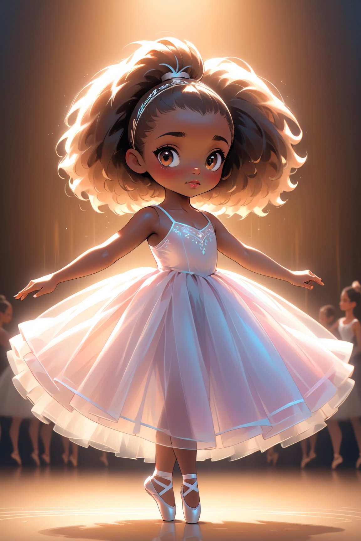best quality, masterpiece, beautiful and aesthetic, vibrant color, Exquisite details and textures,  Warm tone, ultra realistic illustration,	(cute African- American girl, 8year old:1.5),	(Ballet theme:1.4),	cute eyes, big eyes,	(a chic look:1.4),	cinematic lighting, ambient lighting, sidelighting, cinematic shot,	siena natural ratio, children's body, anime style, 	head to toe,	very long Straight brown hair with blunt bangs,	a cute silk dress,	ultra hd, realistic, vivid colors, highly detailed, UHD drawing, perfect composition, beautiful detailed intricate insanely detailed octane render trending on artstation, 8k artistic photography, photorealistic concept art, soft natural volumetric cinematic perfect light. 