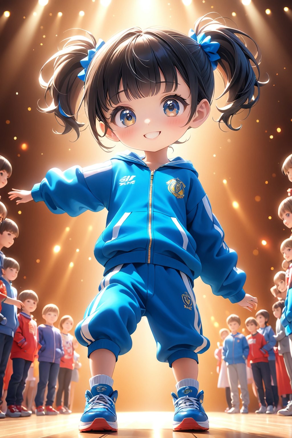 best quality, masterpiece, beautiful and aesthetic, vibrant color, Exquisite details and textures,  Warm tone, ultra realistic illustration,	(cute European Boy, 5year old:1.5),	(fashion show theme:1.4), the stage of a fashion show,	cute eyes, big eyes,	(a beautiful smile:1.3),	16K, (HDR:1.4), high contrast, bokeh:1.2, lens flare,	siena natural ratio, children's body, anime style, 	low angle view,	very short black ponytail hairstyle with blunt bangs, 	a white and blue tracksuit,	ultra hd, realistic, vivid colors, highly detailed, UHD drawing, perfect composition, beautiful detailed intricate insanely detailed octane render trending on artstation, 8k artistic photography, photorealistic concept art, soft natural volumetric cinematic perfect light. 