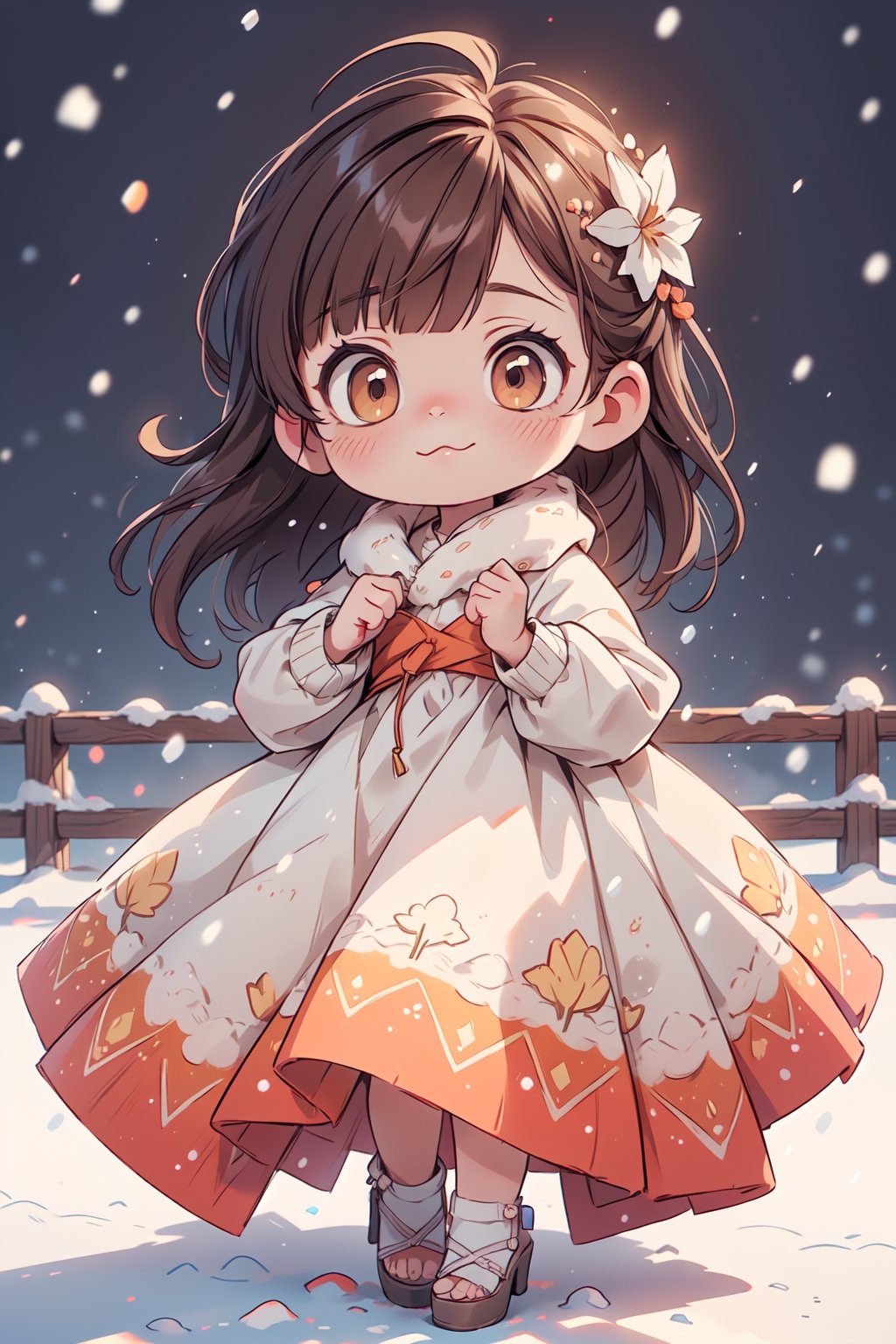 best quality, masterpiece, beautiful and aesthetic, vibrant color, Exquisite details and textures,  Warm tone, ultra realistic illustration,	(cute Latino girl, 8year old:1.5),	(snow theme:1.4),	cute eyes, big eyes,	(a model look:1.6),	16K, (HDR:1.4), high contrast, bokeh:1.2, lens flare,	siena natural ratio, children's body, anime style, 	random angles, random poses, 	very long Straight Light Brown hair with blunt bangs,	gossamer floral mango-colored dress,	ultra hd, realistic, vivid colors, highly detailed, UHD drawing, perfect composition, beautiful detailed intricate insanely detailed octane render trending on artstation, 8k artistic photography, photorealistic concept art, soft natural volumetric cinematic perfect light.