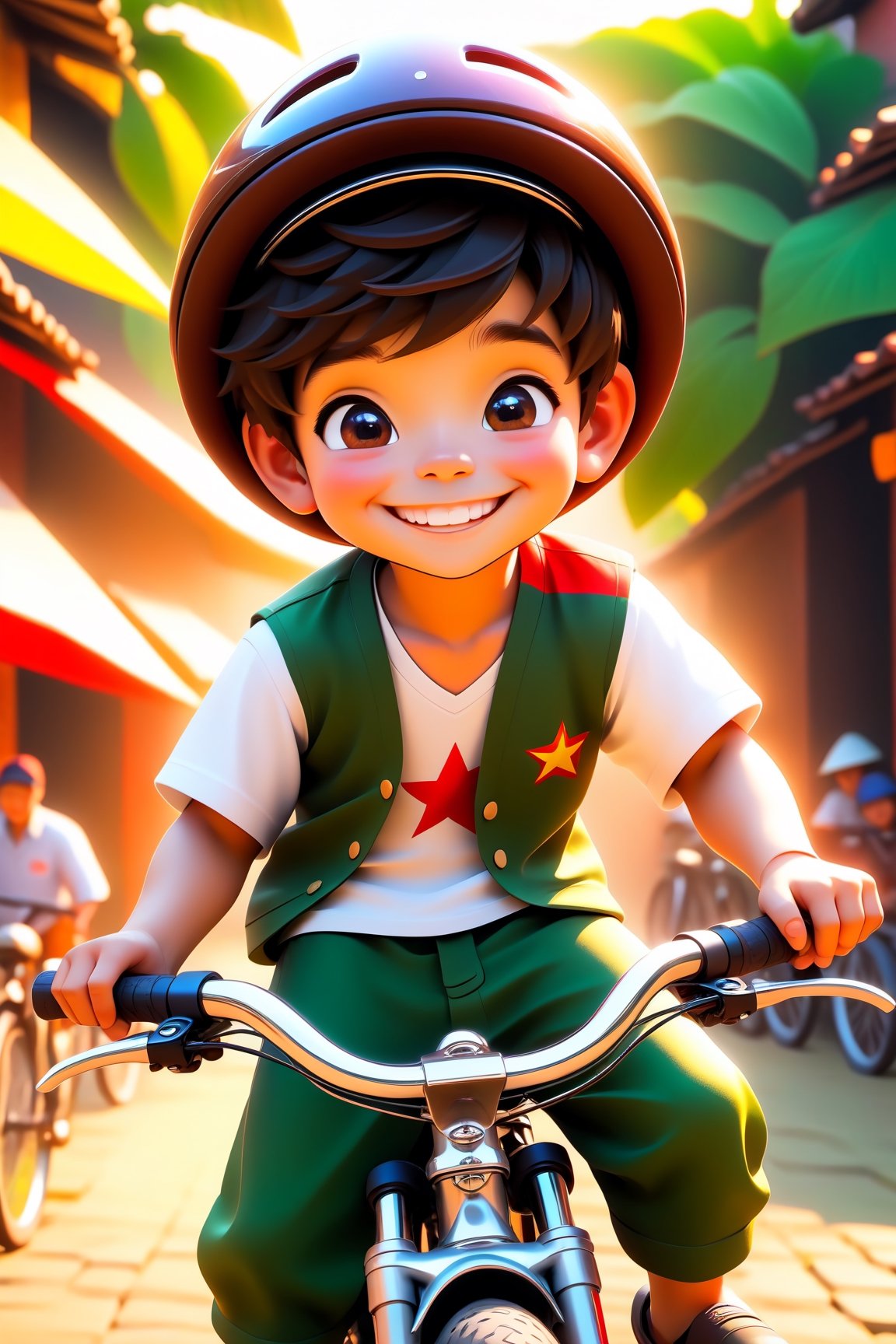 best quality, masterpiece, beautiful and aesthetic, vibrant color, Exquisite details and textures,  Warm tone, ultra realistic illustration,	(cute Vietnam boy, 7year old:1.5), (bicycle theme:1.7),  (ancient Vietnam theme:1.4), cute eyes, big eyes,	(a beautiful smile:1.8), 16K, (HDR:1.4), high contrast, bokeh:1.2, lens flare,	siena natural ratio, children's body, anime style, 	Full length view, Wave brown hair,  cute traditional Vietnam man's white costume, Vietnamese traditional hat, ultra hd, realistic, vivid colors, highly detailed, UHD drawing, perfect composition, beautiful detailed intricate insanely detailed octane render trending on artstation, 8k artistic photography, photorealistic concept art, soft natural volumetric cinematic perfect light. 