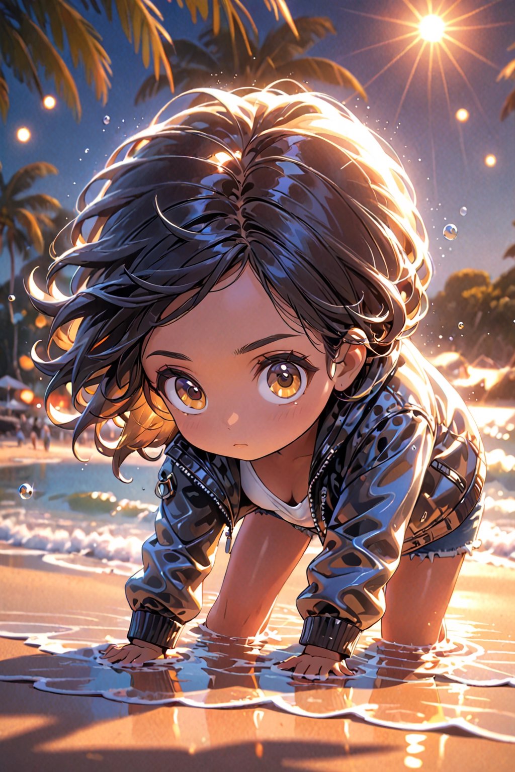 best quality, masterpiece, beautiful and aesthetic, vibrant color, Exquisite details and textures,  Warm tone, ultra realistic illustration,	(cute Latino girl, 5year old:1.5),	(Beach theme:1.4),	cute eyes, big eyes,	(a sullen look:1.4),	16K, (HDR:1.4), high contrast, bokeh:1.2, lens flare,	siena natural ratio, children's body, anime style, 	head to thigh portrait,	Short Wave black hair,	plastic jacket, jeans, 	ultra hd, realistic, vivid colors, highly detailed, UHD drawing, perfect composition, beautiful detailed intricate insanely detailed octane render trending on artstation, 8k artistic photography, photorealistic concept art, soft natural volumetric cinematic perfect light. 